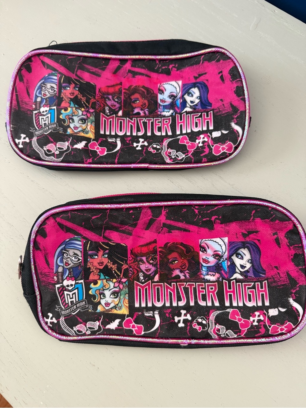 Lot of 2 Monster High Pencil Bags Pouches Zippered Makeup Cases Black Pink Dolls